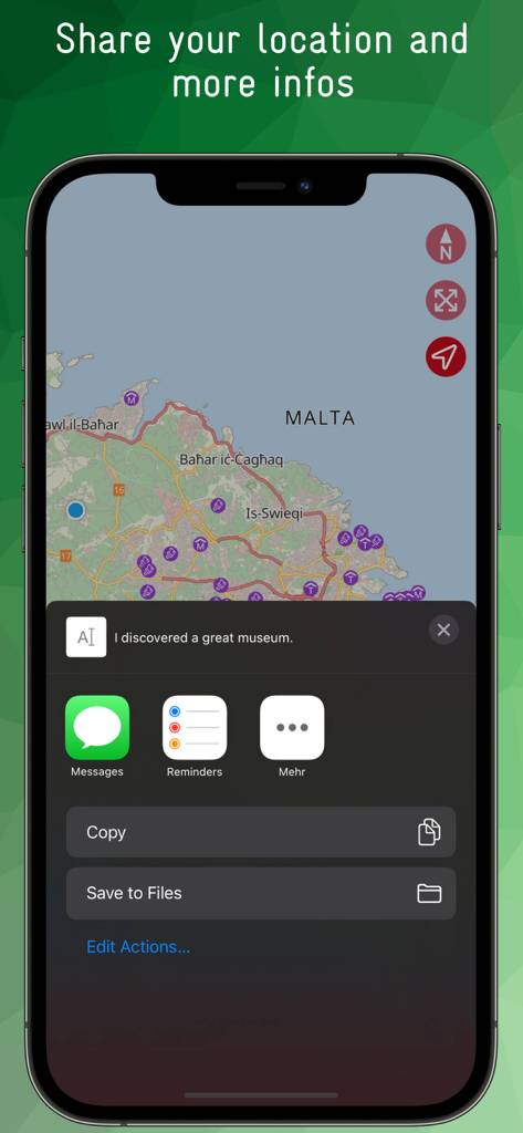 Écran de smartphone affichant la carte hors ligne de Malte avec un menu de partage ouvert pour la localisation et les notes de découverte.