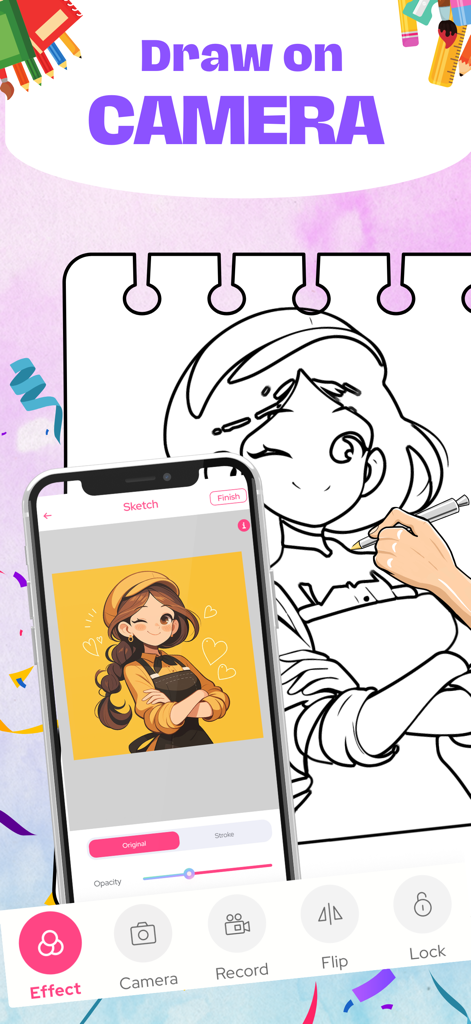 A hand tracing an anime character from a smartphone screen onto a physical paper notebook using augmented reality