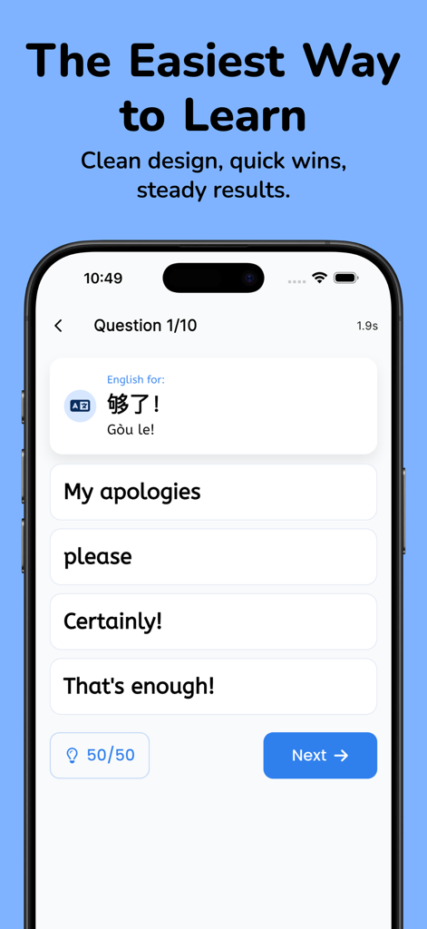 Learn Chinese: For Beginners - A beginner Chinese language quiz screen with multiple choice options in the Learn Chinese app