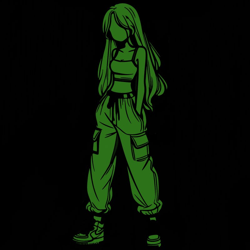 girl in baggy pants crop top and long hair