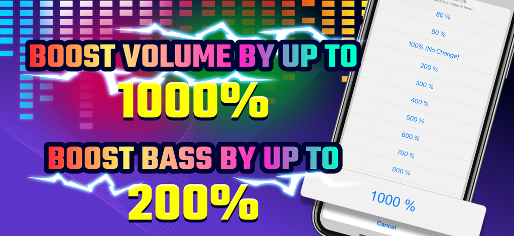 Screenshot of Volume Booster + Bass Booster app showing volume levels up to 1000 percent and bass boost up to 200 percent
