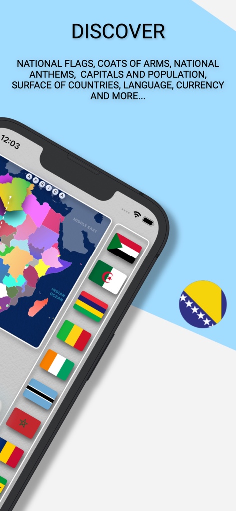 MapGo: Countries of the world - Smartphone displaying MapGo app with an interactive map of Africa and a list of national flags