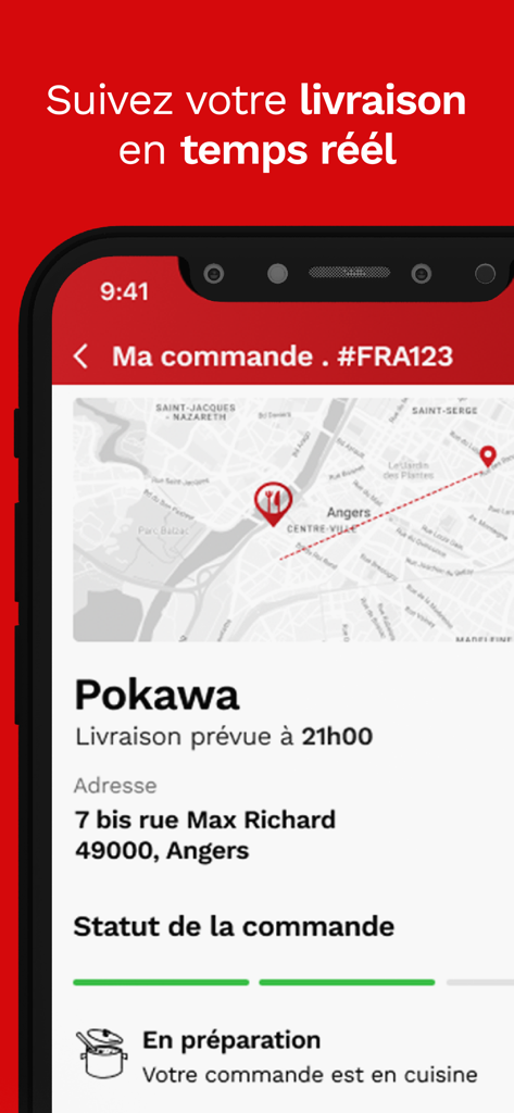 Frères Toque - Interface de l'application mobile Freres Toque montrant le suivi de livraison de repas en temps réel avec carte et état de la commande.