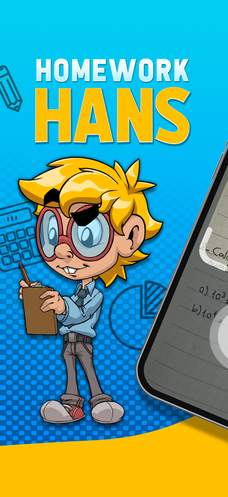 Homework Hans Learning App - Homework Hans app display with cartoon assistant and math homework help