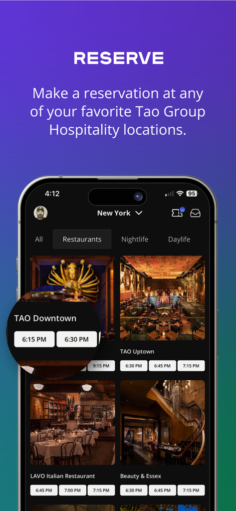 Tao Group Hospitality Rewards - ニューヨークのTAO、LAVO、Beauty and Essexなどのレストランの予約可能時間を示すTao Group Hospitality Rewardsアプリのインターフェース