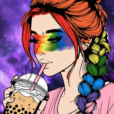 realistic girl drinking boba tea with braided hair