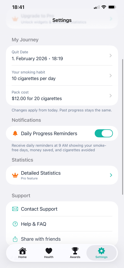 SmokeFree Journey settings page showing user quit date and cigarette habits