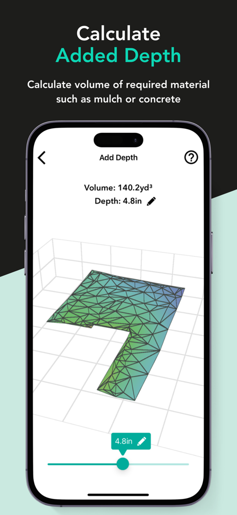 Moasure - Moasure app screenshot showing the added depth calculation feature for measuring material volume such as mulch or concrete in a 3D view.