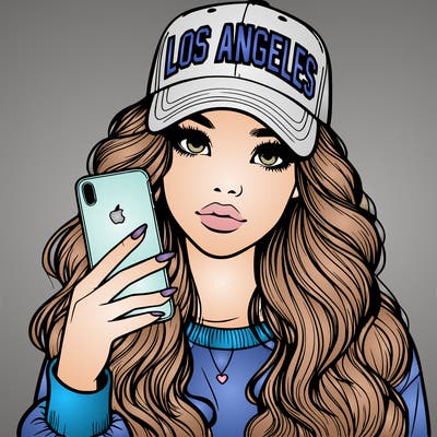 realistic beautiful girl wearing los ángeles cap holding an iphone