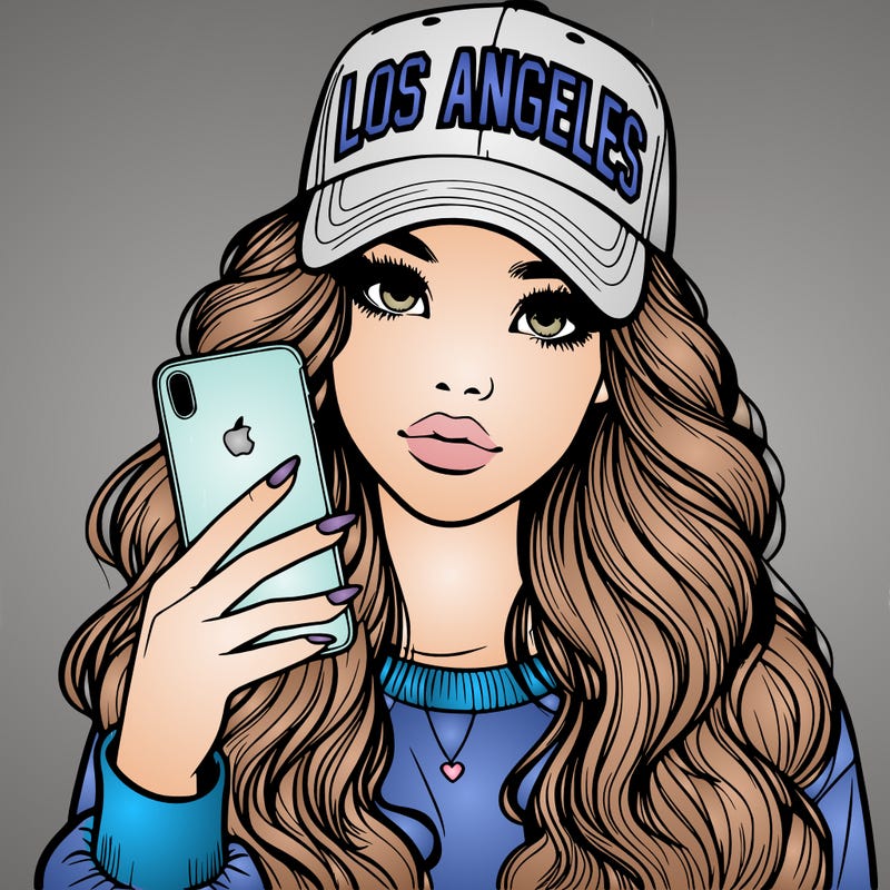 realistic beautiful girl wearing los ángeles cap holding an iphone