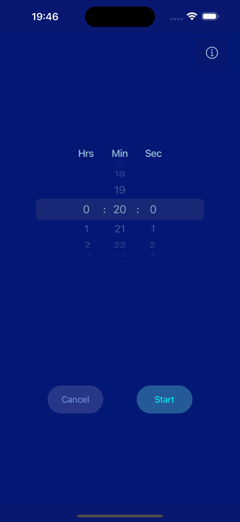 VibeTimer - Vibration Timer - Interfaz de la aplicación VibeTimer que muestra la selección de tiempo con desplazamiento para horas, minutos y segundos, con botones de inicio y cancelar.
