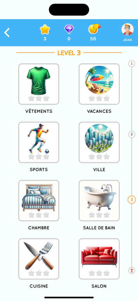 French learning app screen showing various vocabulary categories and level progress