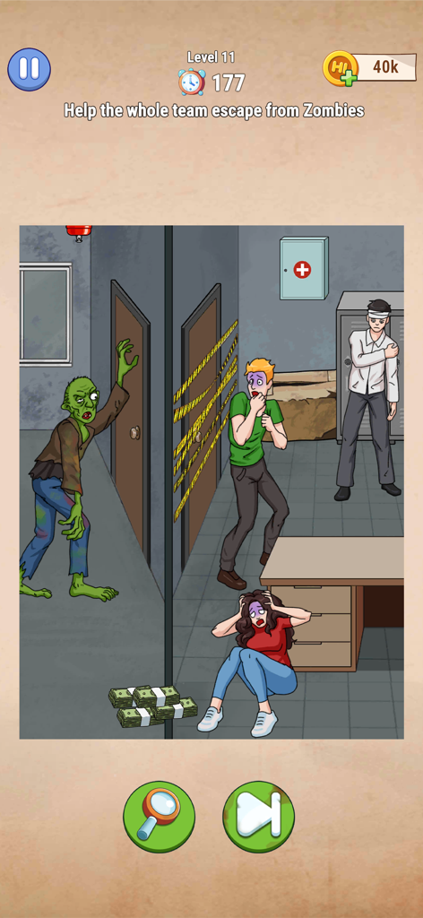 Nightmare Story: Tricky Quest - A brain teaser level in Nightmare Story Tricky Quest where characters are hiding from a green zombie