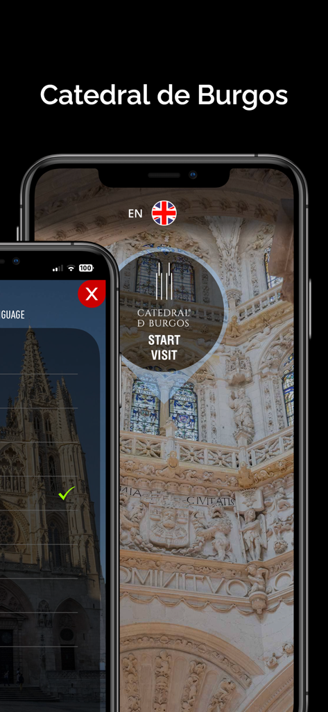 Visit Burgos Cathedralアプリの開始画面と言語選択を表示する2台のiPhone