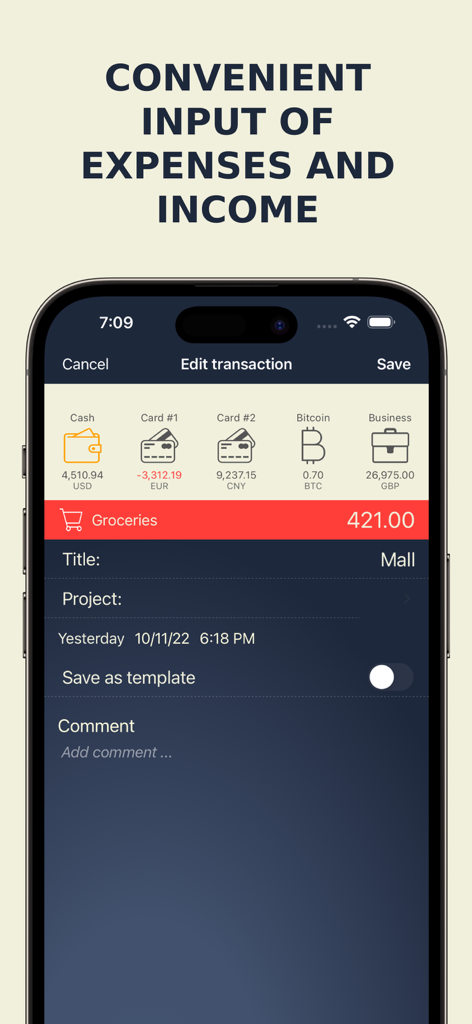 MoneyBe - Schermata dell'app MoneyBe che mostra l'inserimento manuale delle spese con opzioni di conto multivaluta