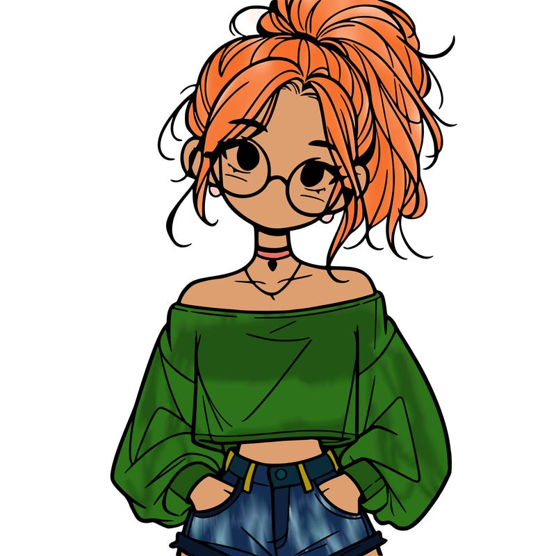 girl with a messy ponytail glasses a baggy crop top and jean shorts