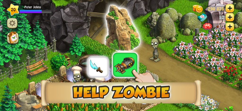 A friendly zombie standing on a lush farm island with a selection menu to clear a large rock obstacle.