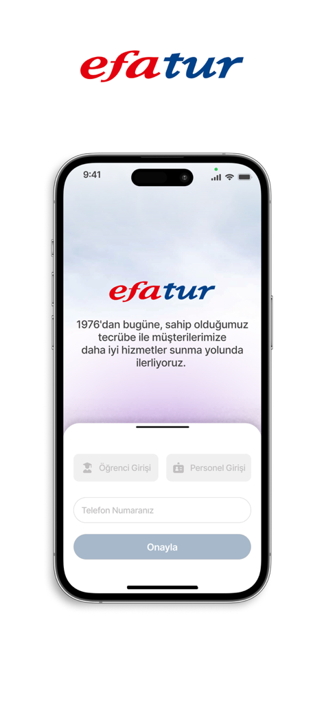 Efatur Servis - Pantalla de inicio de sesión de la aplicación Efatur Servis mostrando opciones para el inicio de sesión de estudiantes y personal con un campo de entrada de número de teléfono.