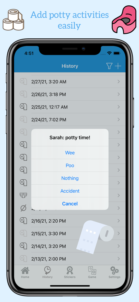 Potty training activity log and event selection menu on a smartphone