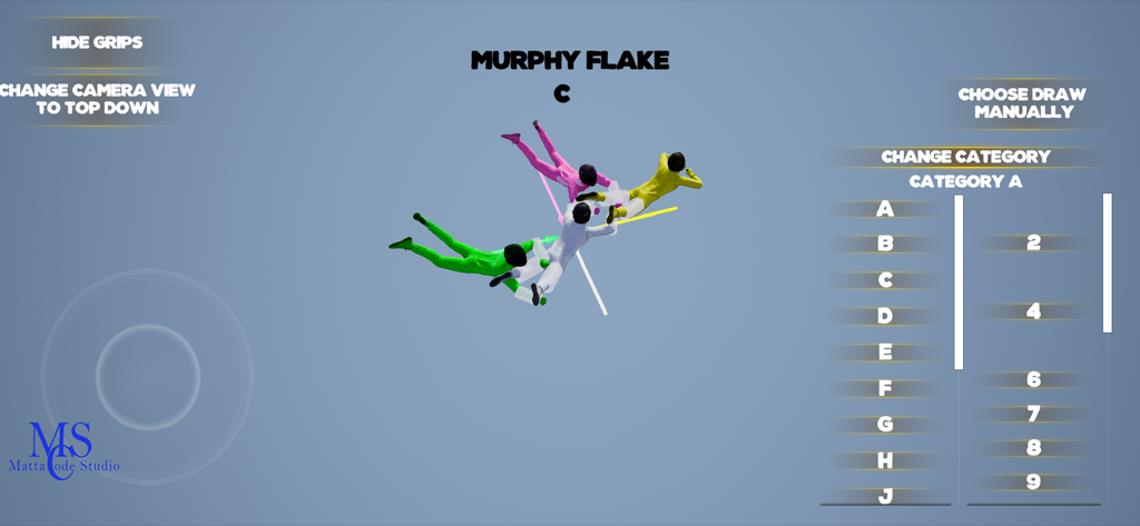 FS Formation Skydiving - A 3D simulation of a four-person skydiving formation called Murphy Flake with category and draw selection menus.