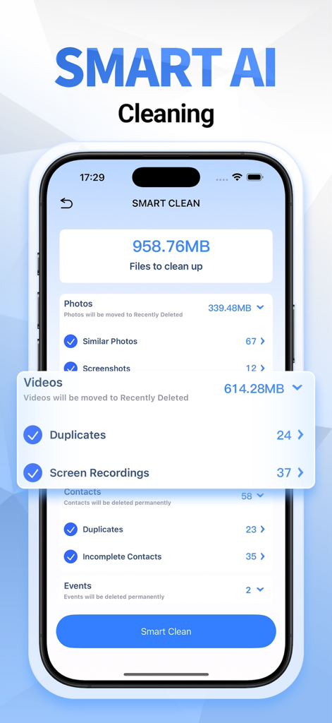 Super Cleaner: AI Cleaner - Pantalla del iPhone mostrando la interfaz de la aplicación Super Cleaner con análisis de almacenamiento para fotos, videos y contactos para liberar espacio.