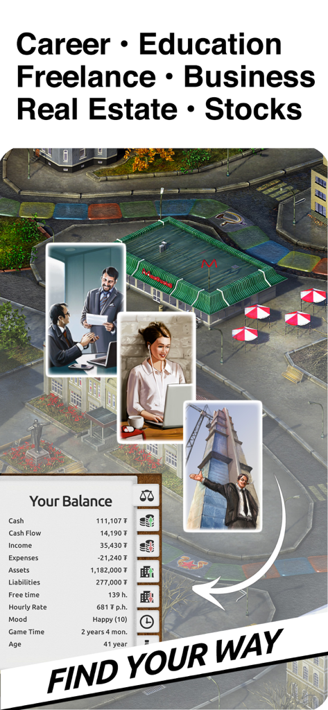 Timeflow: Business Tycoon Game - Captura de pantalla del juego Timeflow Business Tycoon que muestra la hoja de balance financiero y opciones de carrera como bienes raíces y acciones