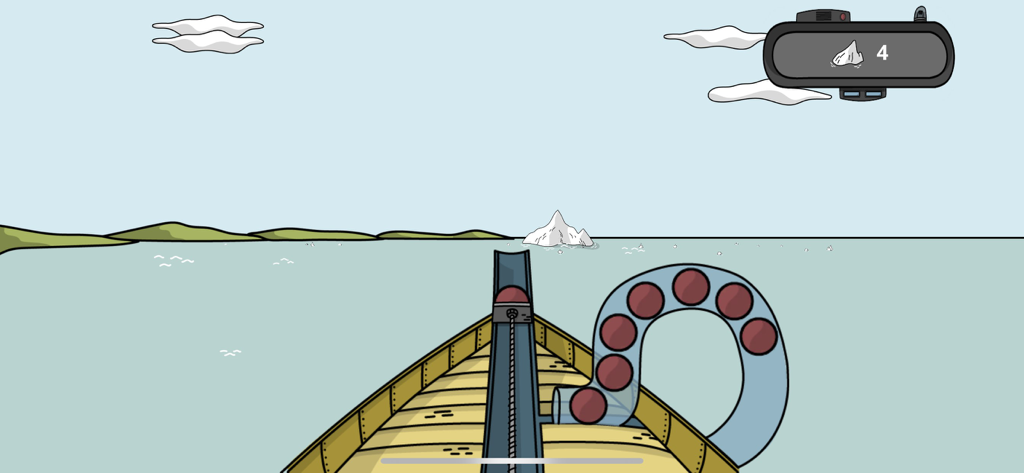 Nawaiam - Vista en primera persona desde la cubierta de un barco navegando hacia un iceberg en el juego Nawaiam.