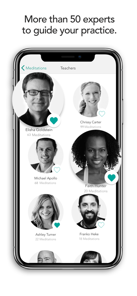 A mobile screen showing a gallery of expert meditation teachers in the Meditation Studio app