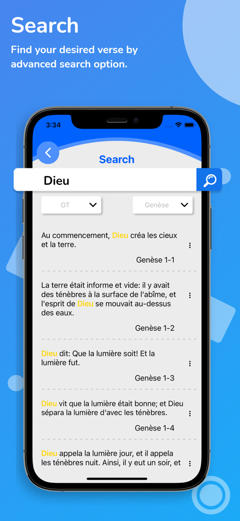 La Bible Du Semeur (BDS) - Fonction de recherche avancée dans l'application française Bible Du Semeur montrant les résultats pour le mot Dieu