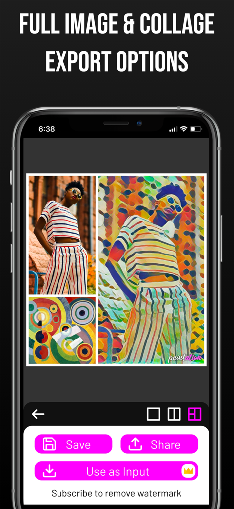 Paintation: Famous Art Filters - La interfaz de la aplicación Paintation mostrando un collage de tres paneles de una foto original, un estilo de arte y el resultado artístico final.