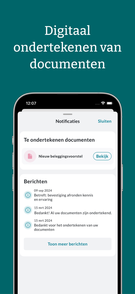 Pantalla de smartphone mostrando el centro de notificaciones de la aplicación Private Bank con una propuesta de inversión digital lista para firmar.