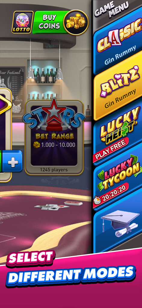 Selection menu showing different game modes like Classic and Blitz in Gin Rummy Plus