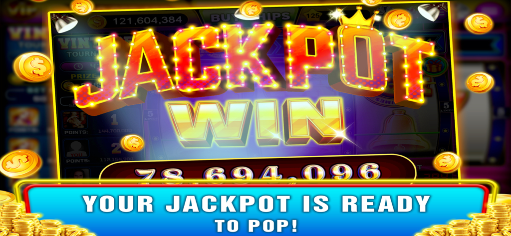 ビンテージスロットのジャックポット獲得画面。大量の金貨と「あなたのジャックポットはポップする準備ができています」というテキストが表示されています