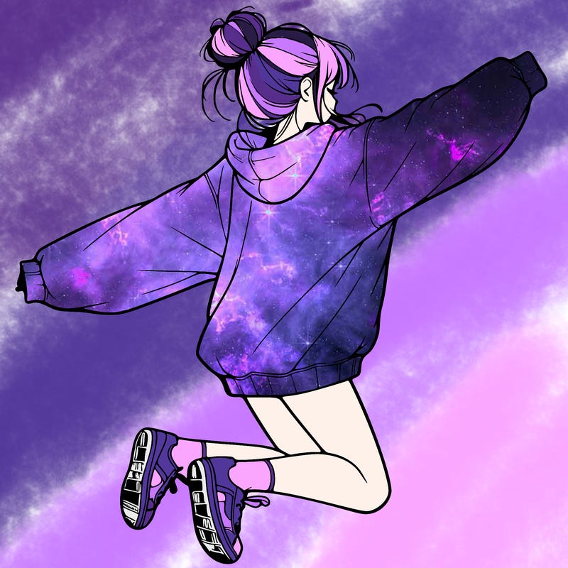 realistic girl jumping with a bun and oversized sweatshirt