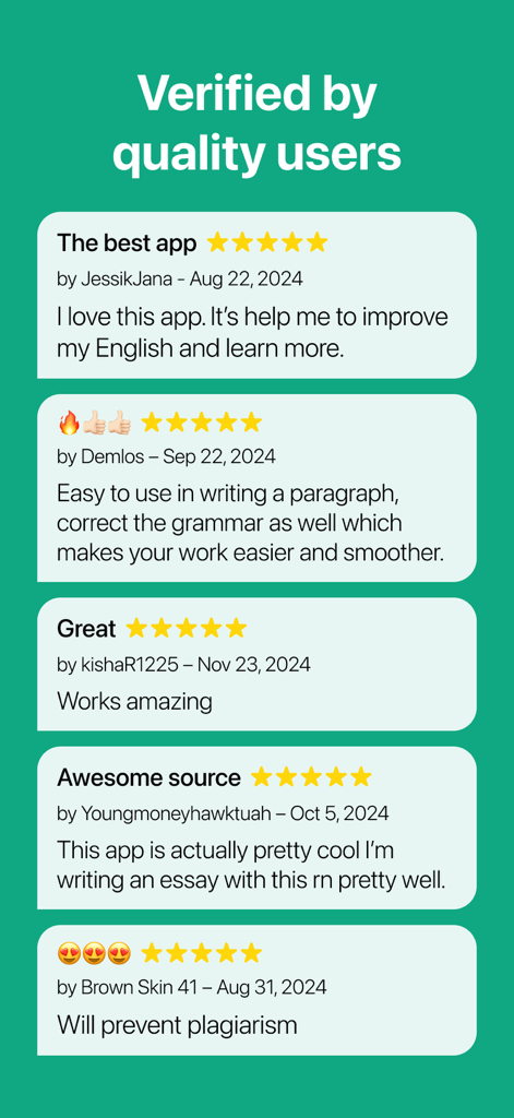 Grammar Check Corrector by AI - Reseñas verificadas de cinco estrellas de usuarios para la aplicación Corrector de Gramática por IA.