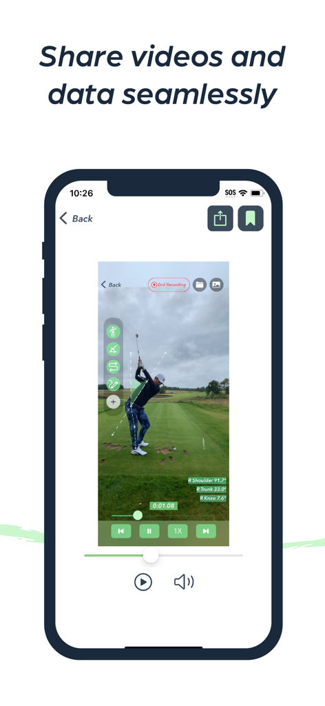 Yogger: Movement Analysis App - Yogger app interface showing motion capture analysis of a golf swing with joint angles