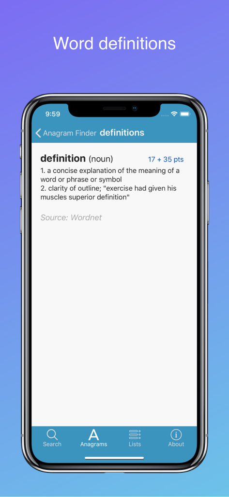 Word Lookup Pro - Word Lookup Pro app displaying the definition and point score for the word definition