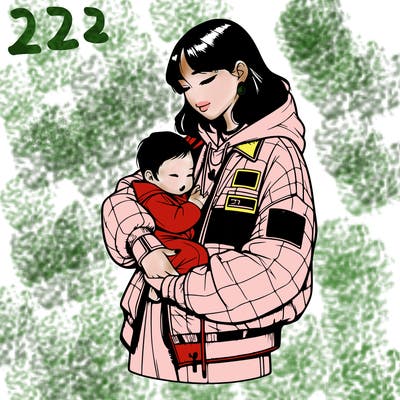 realistic asian girl wearing a a matching jacket and pants with the jacket having the number 333 and holding a asian baby
