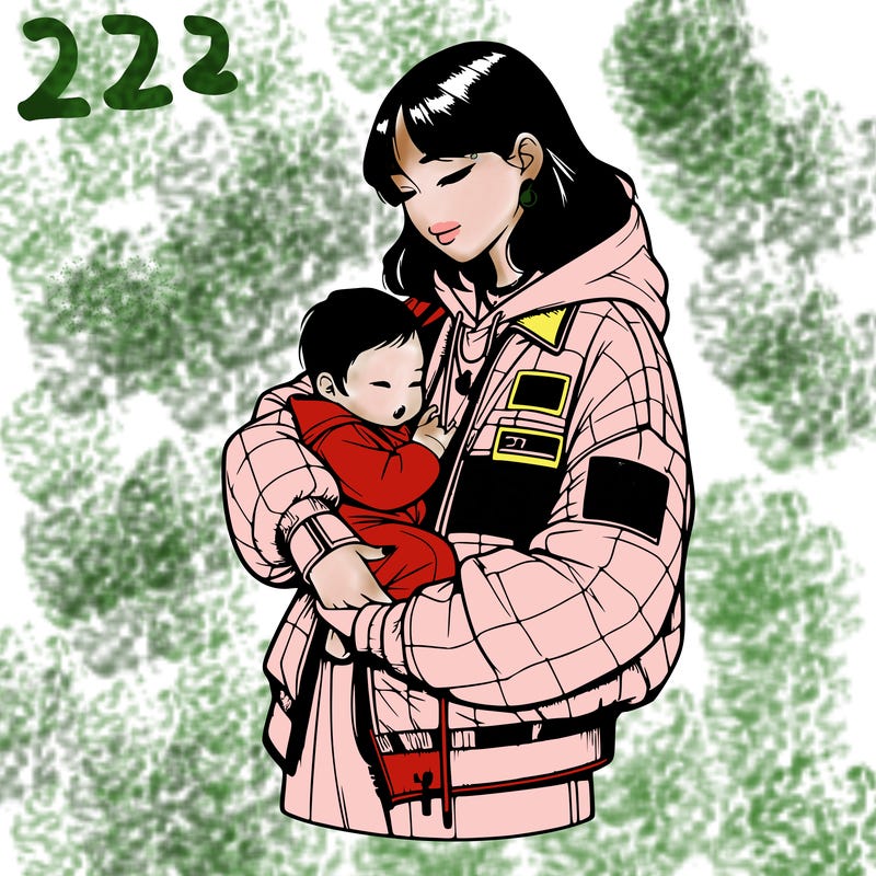realistic asian girl wearing a a matching jacket and pants with the jacket having the number 333 and holding a asian baby