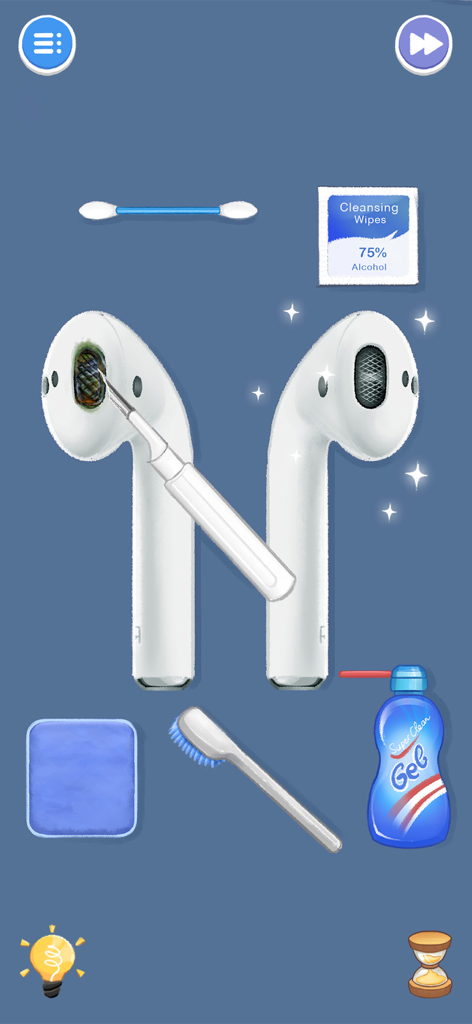 A mobile game screen showing tools used to clean dirty wireless earbuds in Housify Cleaning ASMR.