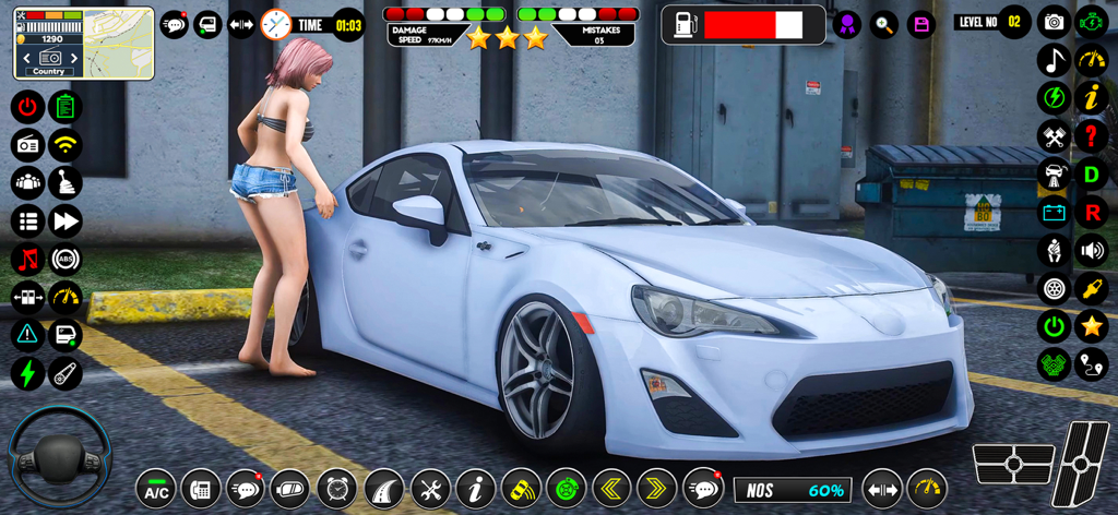 Urban Hard Park & Keep in Rule - Captura de pantalla del juego Urban Hard Park mostrando un coche deportivo azul y un personaje en un simulador de estacionamiento 3D