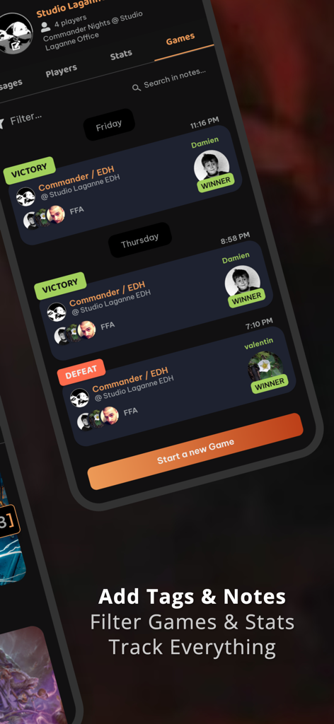 MTG Life Counter: Mythic Tools - A screenshot of the Mythic Tools app showing a match history log for Magic The Gathering Commander games with victory and defeat statuses