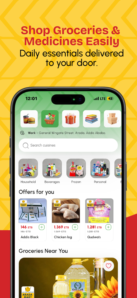 klik Delivery - Food, Shopping - Interface of the klik Delivery app showcasing grocery and medicine shopping categories and daily essential offers in Addis Ababa.