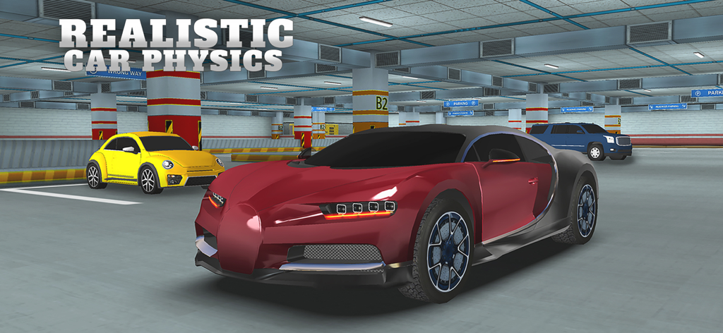 リアルな物理学のテキストが付いた駐車場にある赤いスポーツカーと黄色い車
