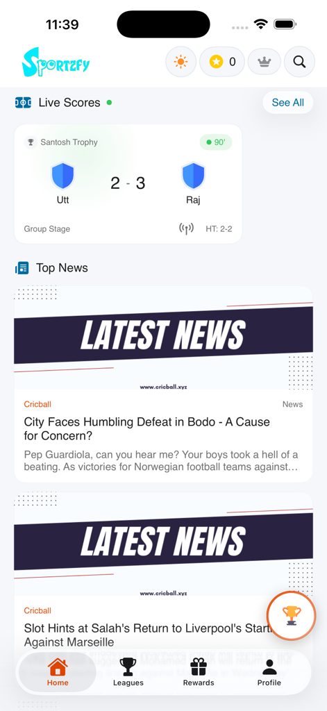 Sportzfy app home screen showing live football match scores and top sports news