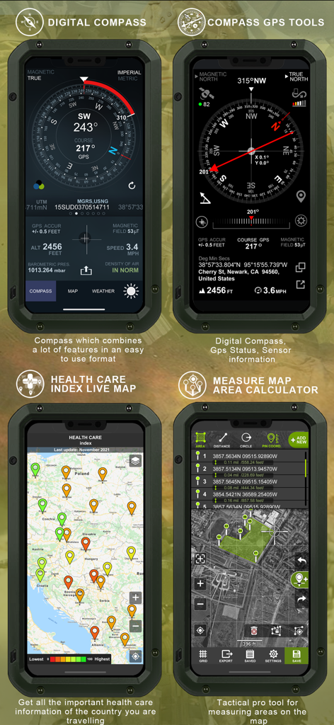 Military GPS Survival Kit - Four screenshots of the Military GPS Survival Kit app featuring a digital compass, tactical GPS tools, a healthcare index map, and a map area calculator tool.