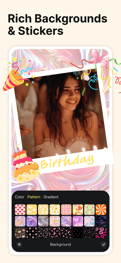 Photo Collage Maker: Collagic - Un collage photo d'anniversaire avec des autocollants décoratifs et une variété d'options de motifs d'arrière-plan.