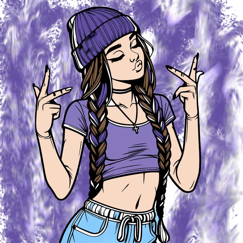 realistic teenage girl with braids and a beanie and crop top doing 🫶🏼