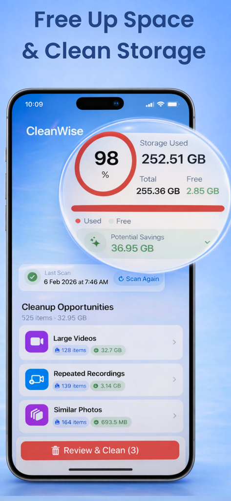 CleanWise: Storage Cleaner - Screenshot of CleanWise app displaying a storage usage overview and cleaning options
