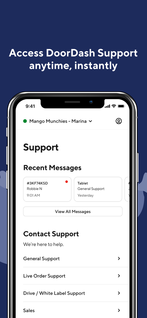 DoorDash - Business Manager - DoorDash Business Manager app support interface showing contact options and recent messages for restaurant merchants